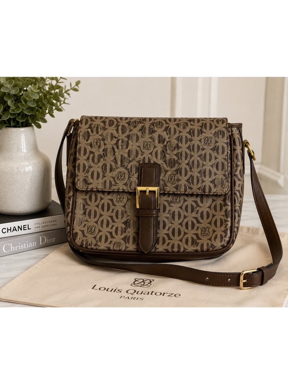 Louis Quatorze Paris Monogram Crossbody Bag Brown Canvas Leather Purse